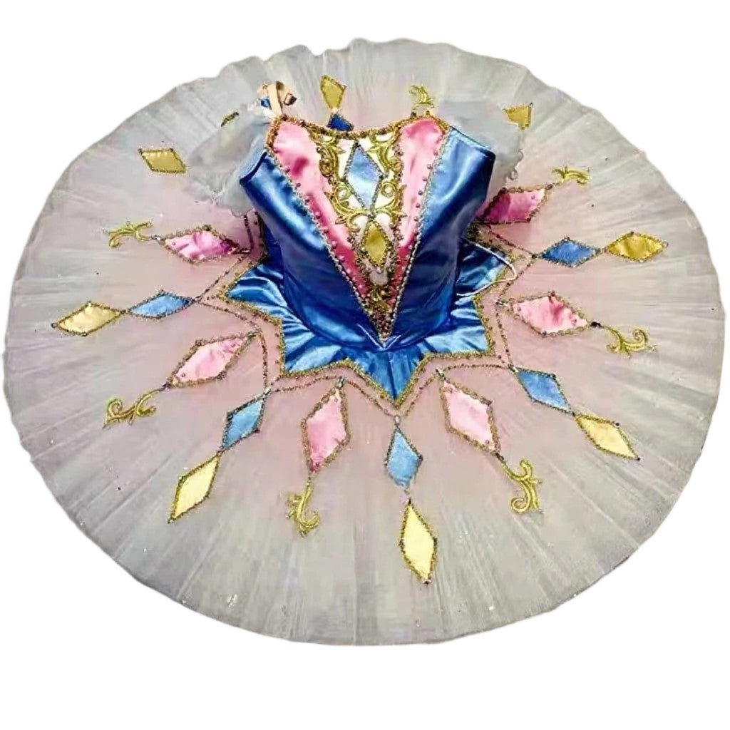 Colorful  Harlequin professional YAGP ballet tutu with blue bodice and decorative skirt.